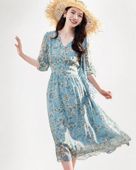 V Neck Floral Silk Button Front Midi Dress
