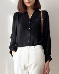 V Neck Pleated Shoulder Silk Blouse