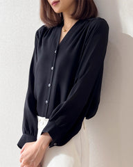 V Neck Pleated Shoulder Silk Blouse