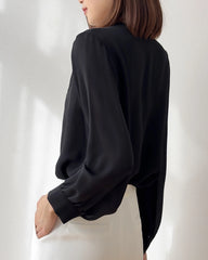 V Neck Pleated Shoulder Silk Blouse