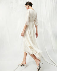 V-Neck Silk Midi Dress with Twist Front Waist