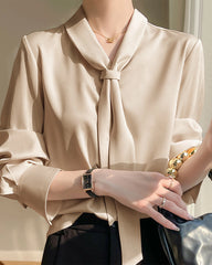 V-neck Tie Front Silk Blouse