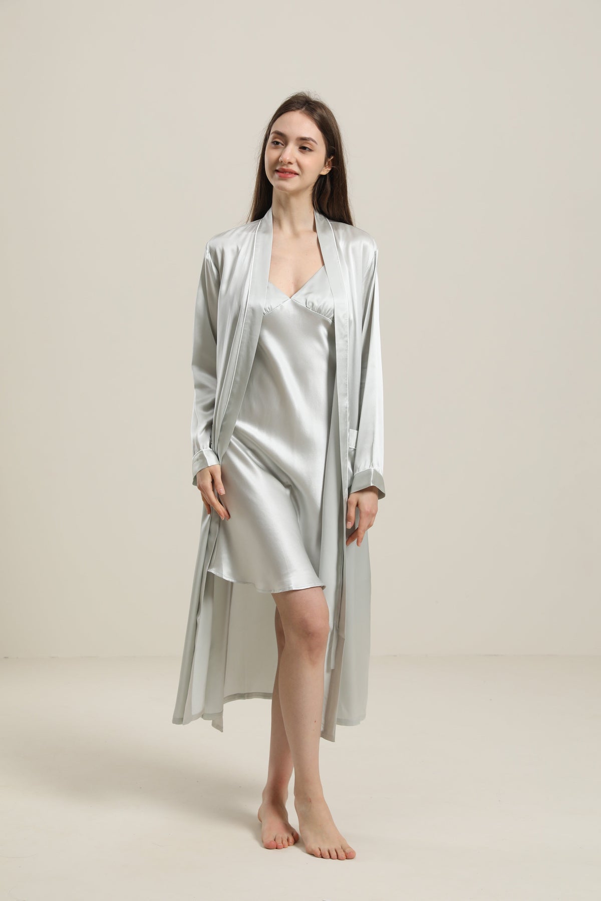 Washable Pure Color Silk Robe For Women Grey