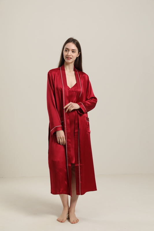 Washable Pure Color Silk Robe For Women Red