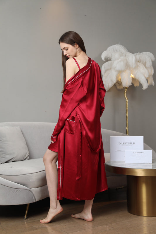 Washable Pure Color Silk Robe For Women Red