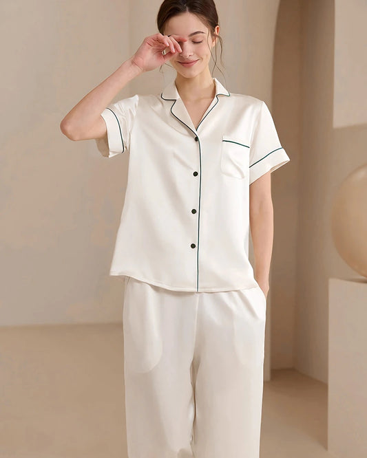 Washable Silk Short Sleeve Long Pants Pajama Set