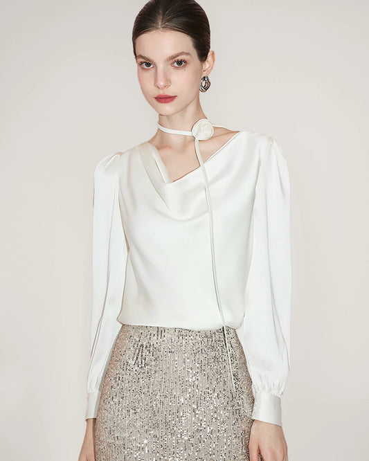 Elegant Draped Collar Silk Blouse