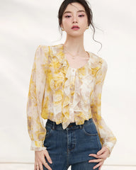 Yellow Silk Floral Ruffle Long Sleeve Blouse