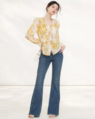 Yellow Silk Floral Ruffle Long Sleeve Blouse