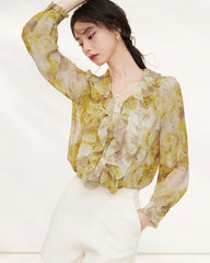 Yellow Silk Floral Ruffle Long Sleeve Blouse